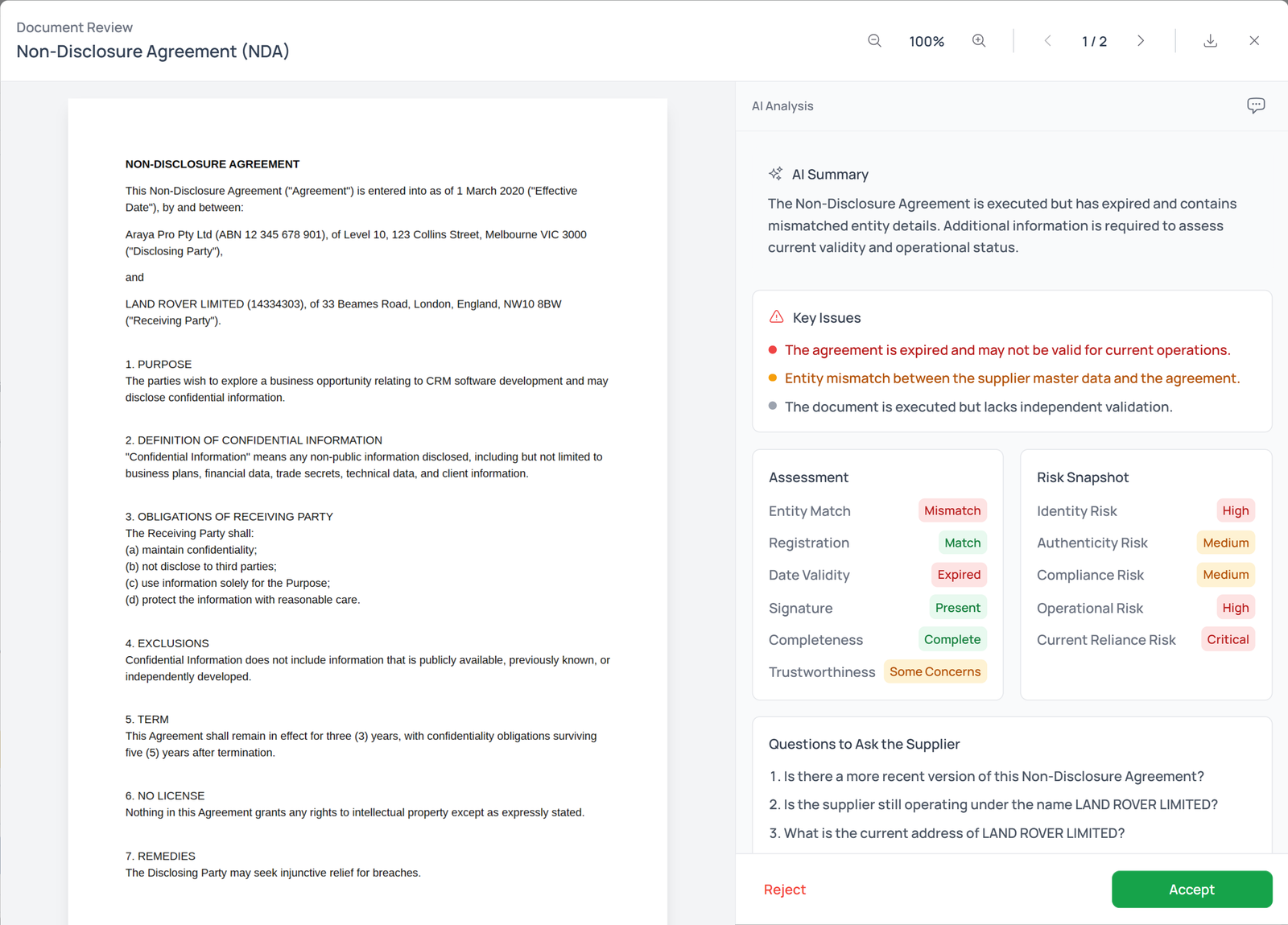 AI-powered document review showing analysis of a Non-Disclosure Agreement