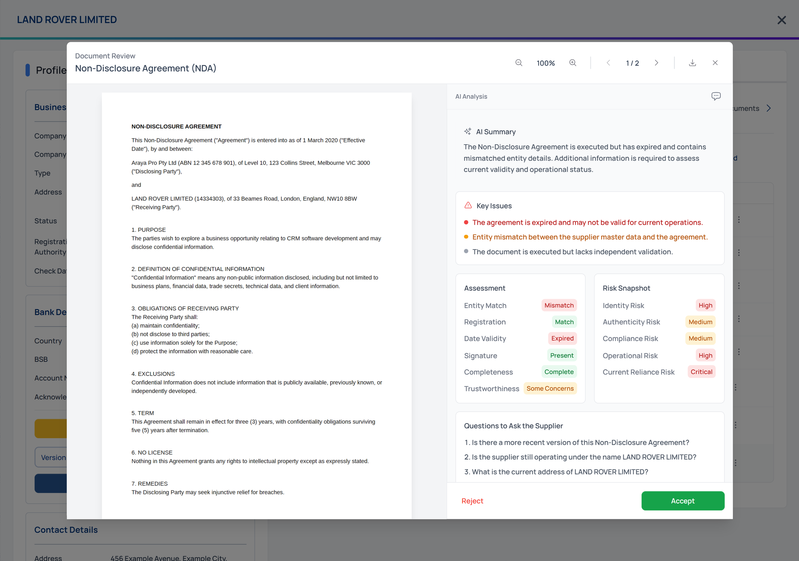 AI-powered document review showing analysis of a Non-Disclosure Agreement