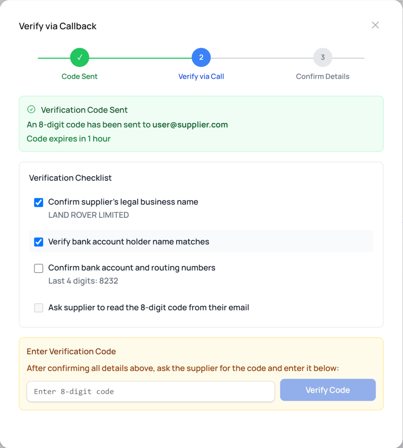 Verify via callback showing a verification checklist confirmed over a phone call