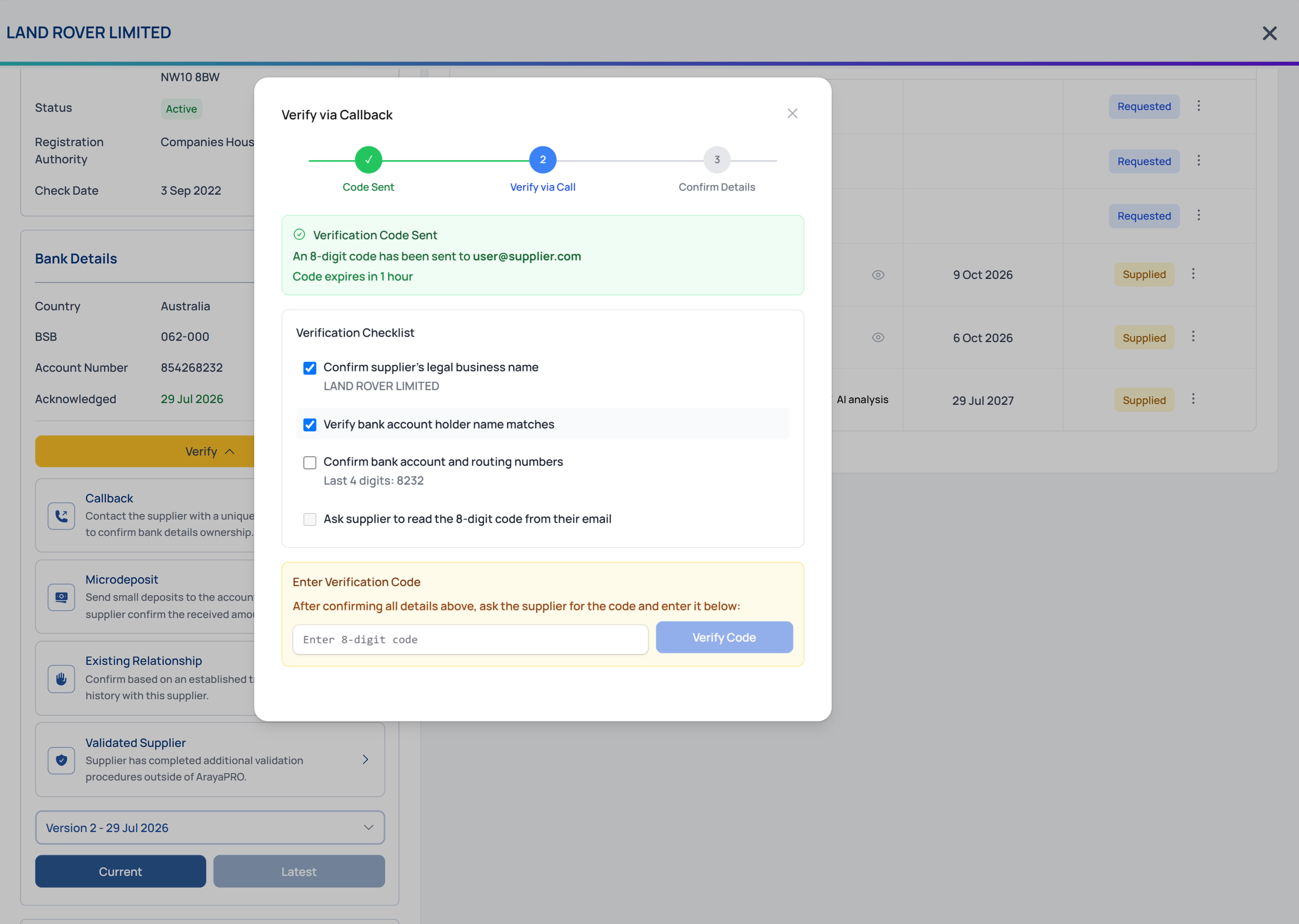 Verify via callback showing a verification checklist confirmed over a phone call