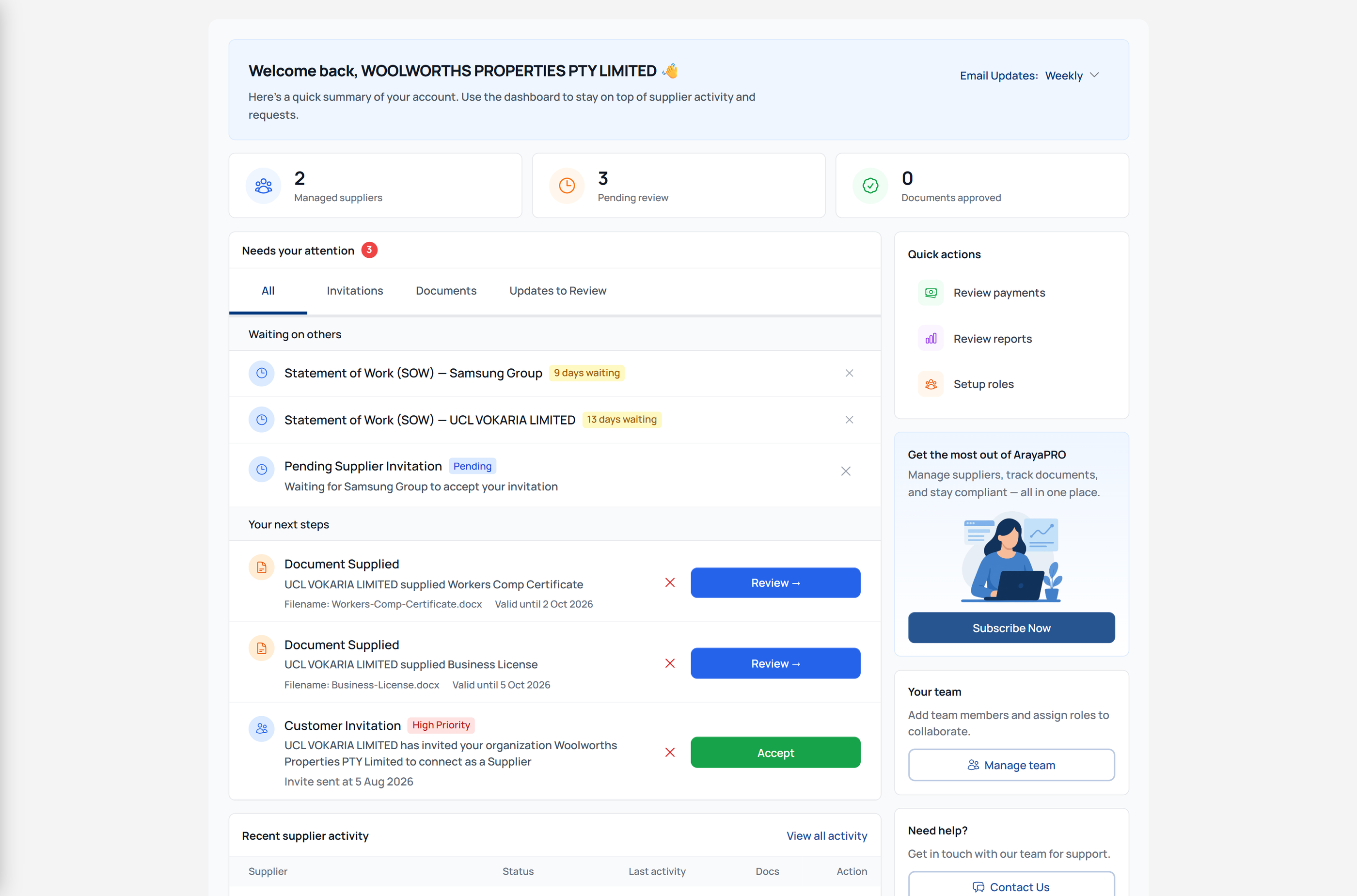Dashboard showing outstanding actions, pending reviews, and next steps across suppliers