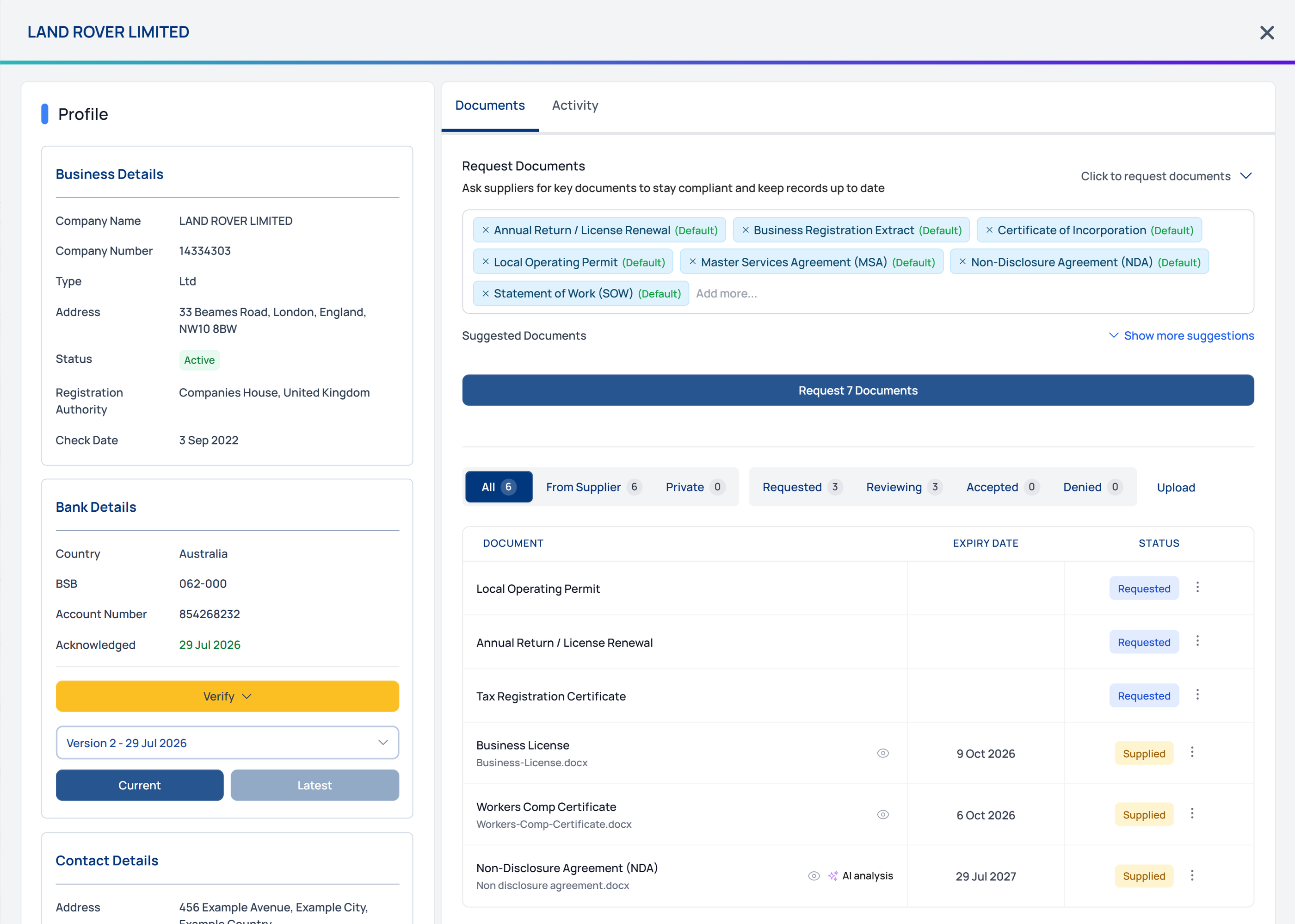Documents tab showing document requests, suggested documents, and document status table