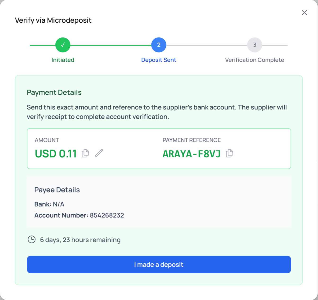 Verify via microdeposit showing payment details sent to a supplier bank account