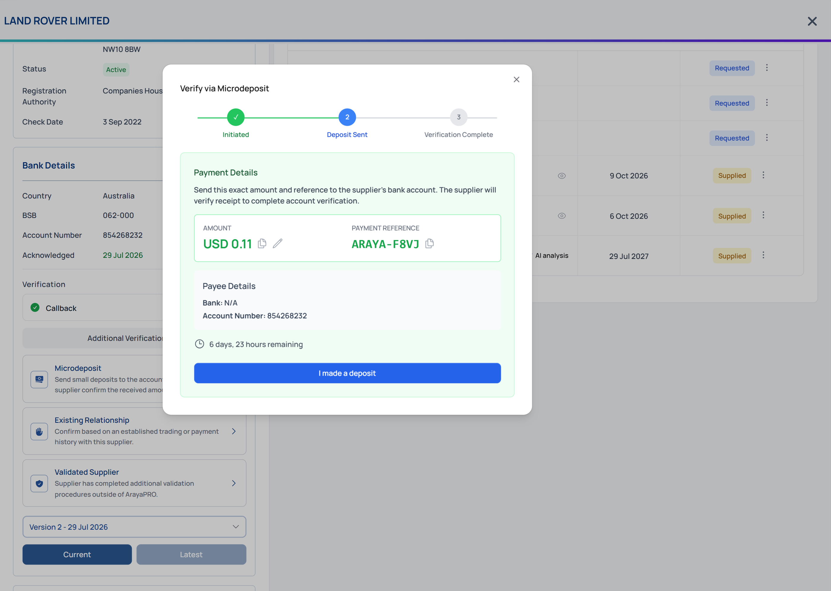 Verify via microdeposit showing payment details sent to a supplier bank account