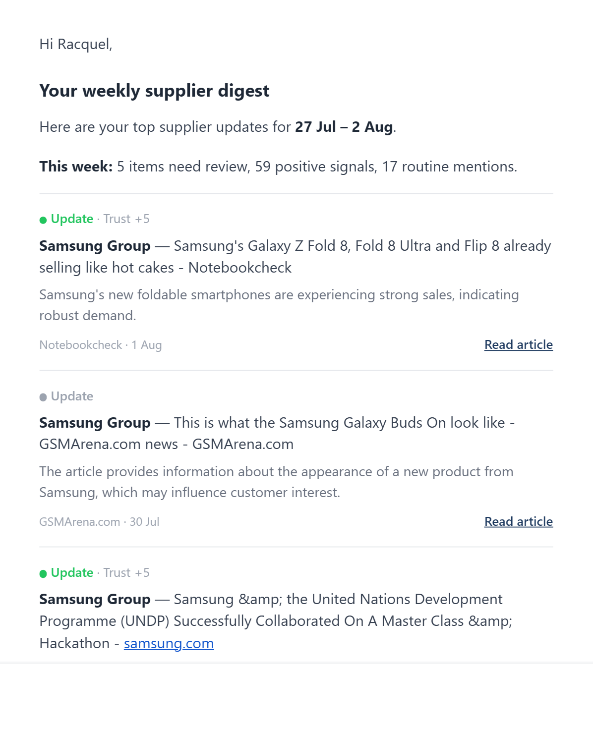 Supplier Radar weekly digest email showing supplier mentions that need review