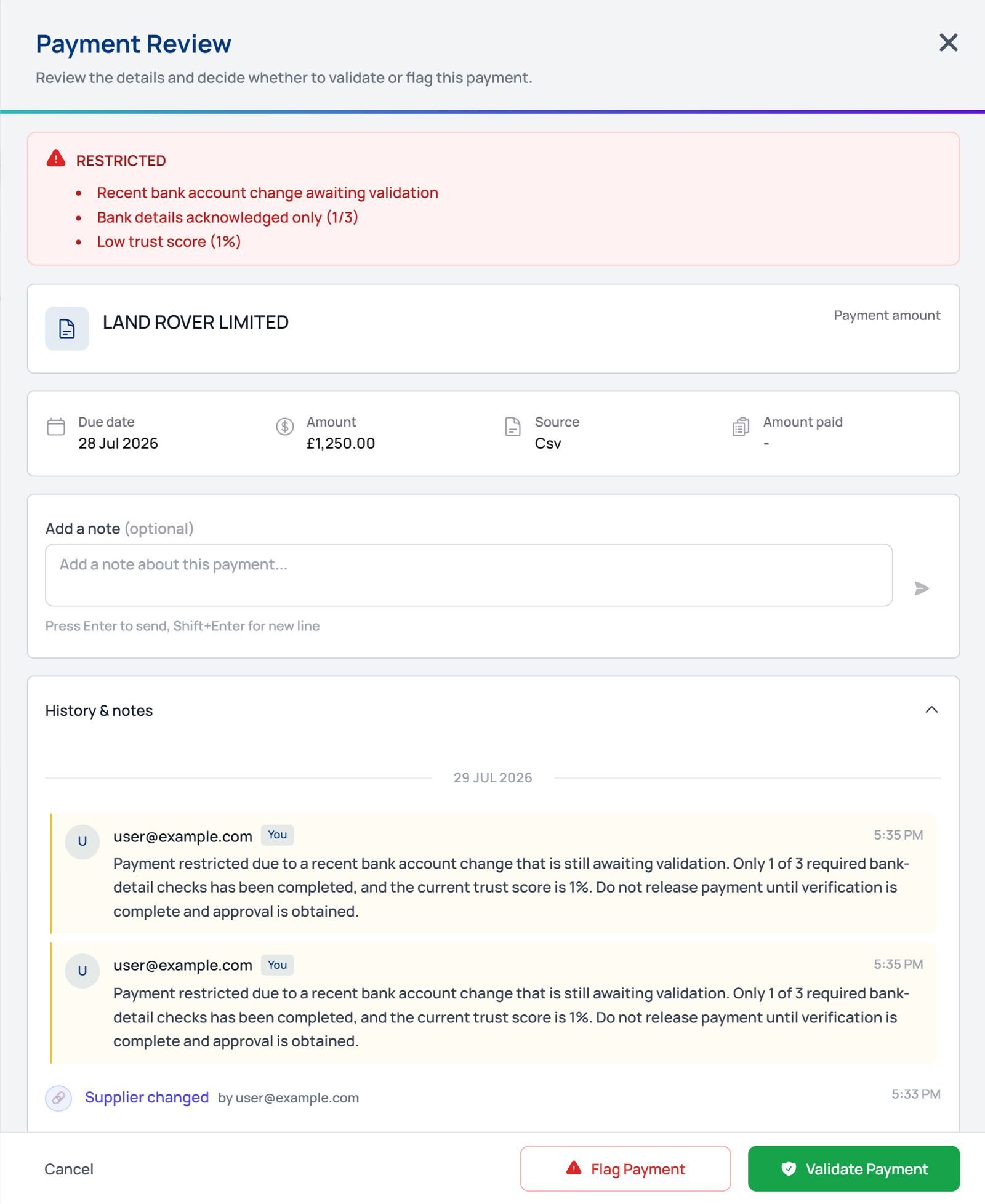 Payment review panel showing a restricted payment with trust and validation checks