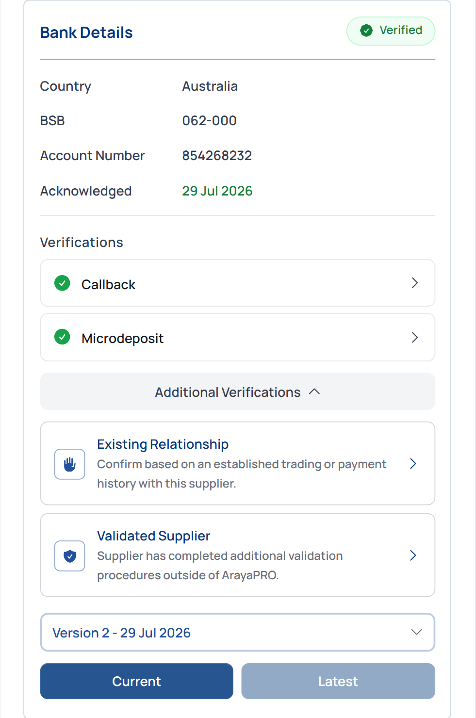 Bank details verification with callback and microdeposit verification methods