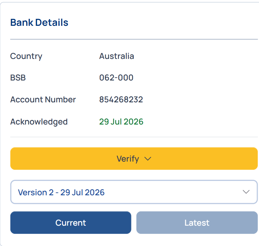 Supplier bank details with branch validation