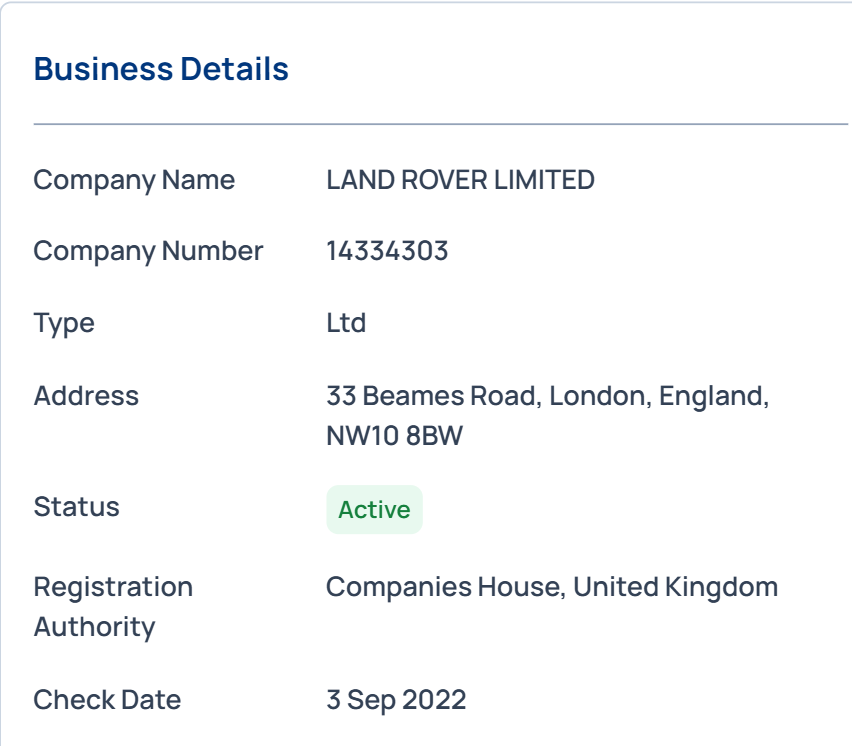 Supplier business details verified against company registry data