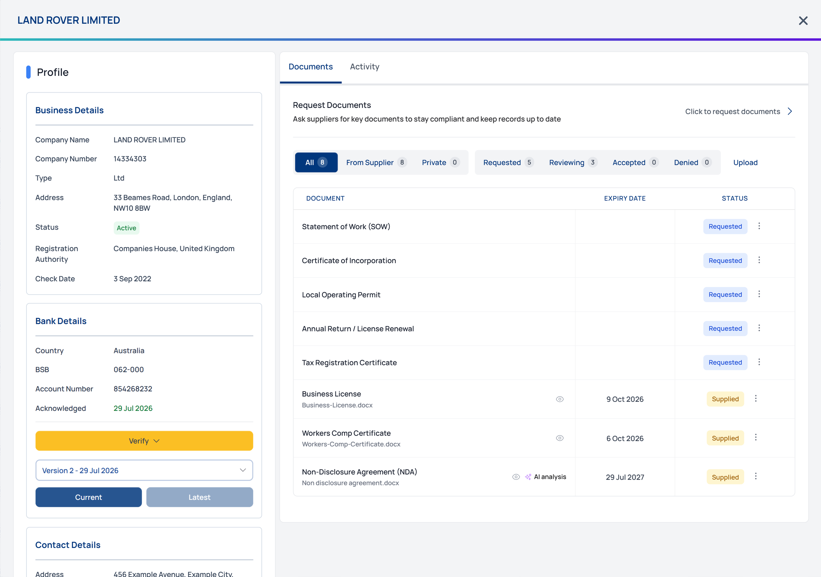 Supplier business details verified against company registry data